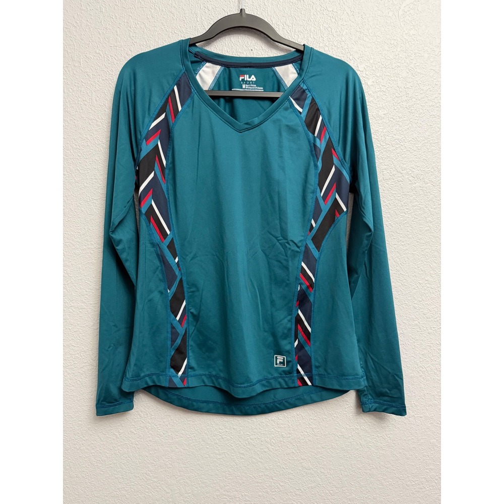 Fila Sport Womens Teal Blue Long Sleeve V-Neck Performance Activewear Top Medium